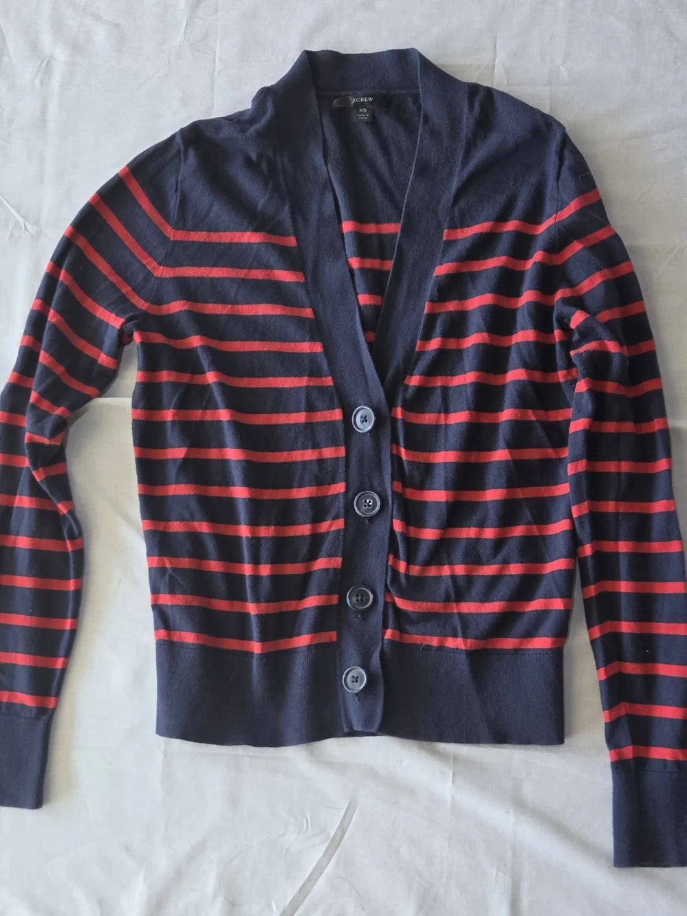 J. Crew Navy Red Striped Button-Front Sweater Preppy Nautical Academia XS  Fall